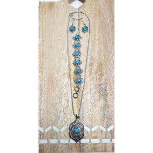 Western Turquoise Blue Color Necklace Bracelet Earrings Set Silver Alloy